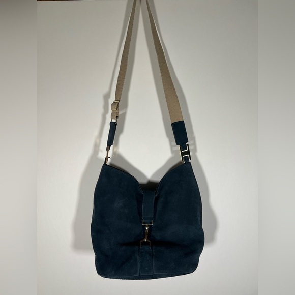 INDIA HICKS Edwina Hobo Slate blue suede soft bag designer retro - Picture 9 of 14